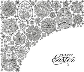 Happy Easter background. Good design template for banner, greeting card, flyer. Ornamental white bunny, eggs and flowers