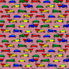 Bright seamless pattern with old fashioned vintage cars 