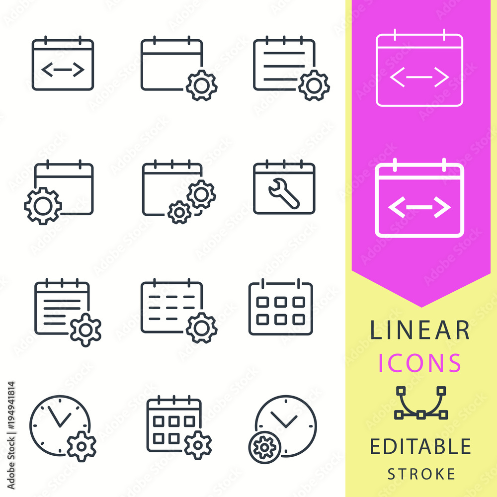 Aufkleber settings calendar - line vector icon set. editable stroke.