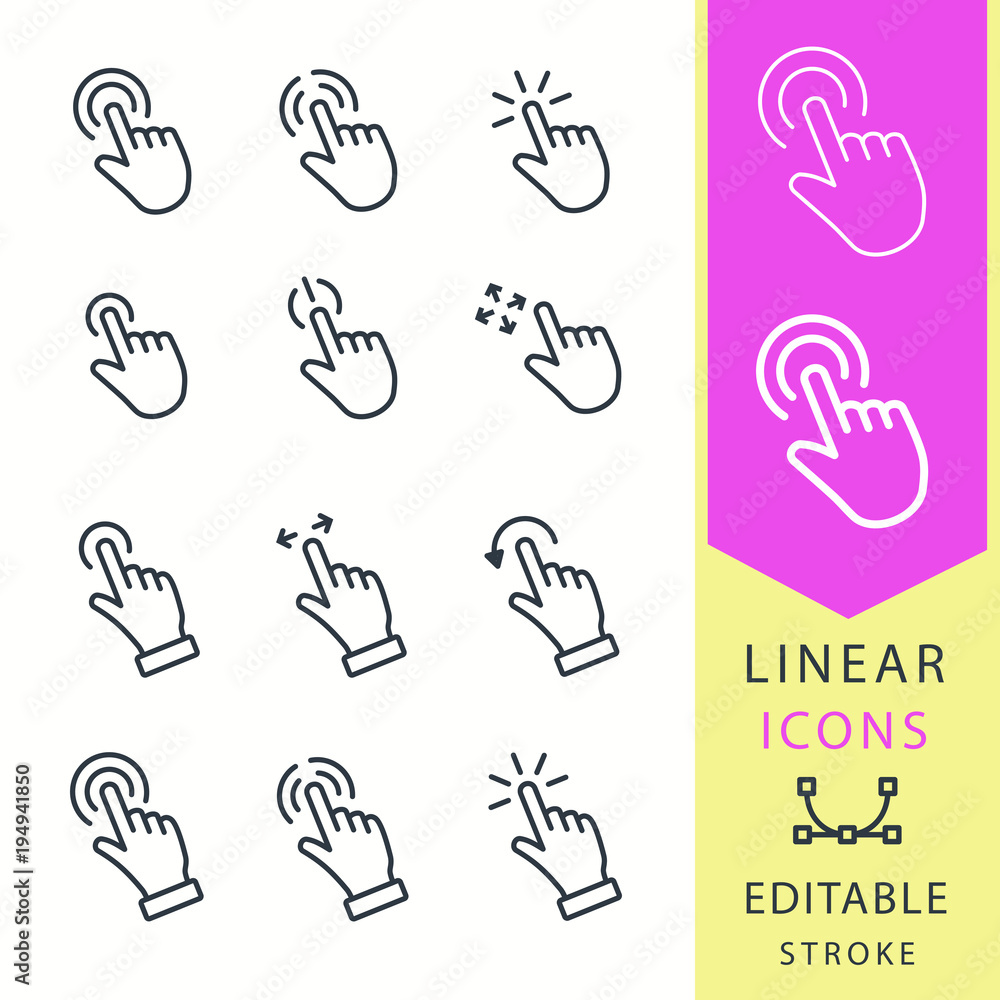 Poster touch - line vector icon set. editable stroke.