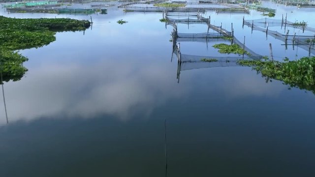 Aerial footage of fishing complex in JOMBOR lake, Central Java, Indonesia.