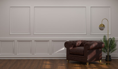 Empty white room,with classic armchair leather style 3d illustration for interior design.