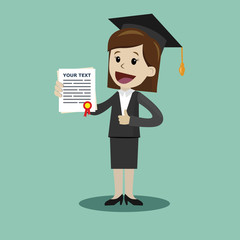 A woman in a suit hold a degree certificate of college or business school or diploma of university.