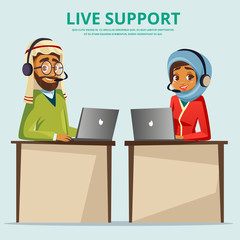 Vector cartoon muslim arab man woman call center helpline workplace desk. Male female office arabic customer support service operator in hijab, headset microphone. Communication business assistant.