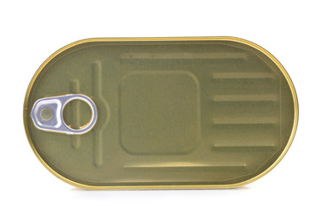 Tin food can on white background