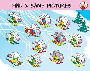 Funny rabbits doing skiing. Find two same pictures. Educational matching game for children. Cartoon vector illustration