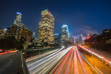 Fototapeta na wymiar Downtown Los Angeles, California, USA skyline with trail lights
