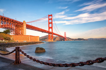 Famous Golden Gate Bridge at sunrise, San Francisco USA