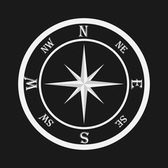 Compass, white compass on a black background. Compass icon.