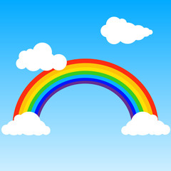 Rainbow, realistic rainbow with clouds on a blue background. Rainbow icon.