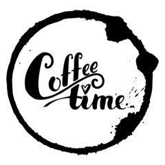 vector lettering hot coffee. Black text instead of a dot over the w heart on a white background in a round spot from the coffee cup. Handwritten calligraphy. Round sticker