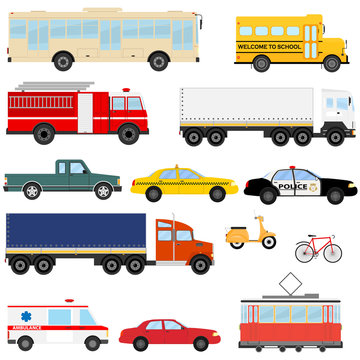 Urban transport, public transport. A set of cars and buses.
