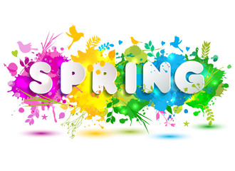 Spring text on colorful blots. Hand drawn elements with sasonal symbol.