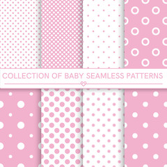 Collection of baby seamless patterns.White and pink colors. Seamless pattern included in swatch panel.Design for fabric, web background, wallpaper, cards, prints of baby goods.Vector background.