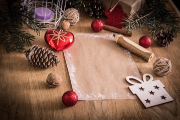 Christmas blank card on wooden background. retro style.