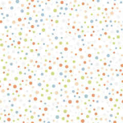 Colorful polka dots seamless pattern on white 11 background. Cool classic colorful polka dots textile pattern. Seamless scattered confetti fall chaotic decor. Abstract vector illustration.