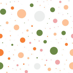 Colorful polka dots seamless pattern on white 14 background. Bewitching classic colorful polka dots textile pattern. Seamless scattered confetti fall chaotic decor. Abstract vector illustration.