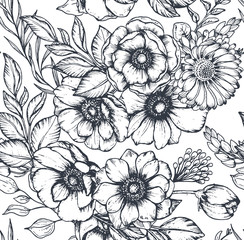 Fototapety  Wektor czarno-biały wzór z ręcznie rysowane kwiaty anemon