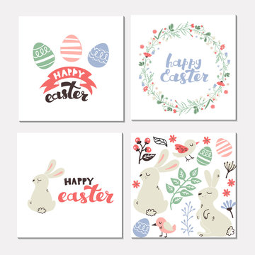 Greeting Card with Lettering and Easter Elements: Flowers, Bunnies, Birds, and Easter Eggs.