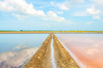 Salt evaporation ponds, also called salterns or salt pans located at Phetchaburi, Thailand