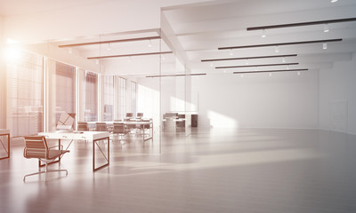 Office interior design in whire color and rays of light from window