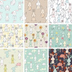 Obraz premium Vector seamless patterns with bunnies and flowers