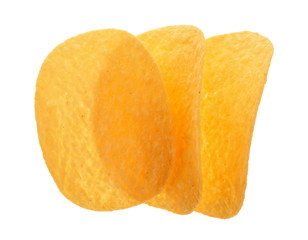 three potato chips on white background close-up. Top view. Flat lay