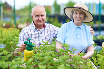 Portrait of happy senior couple posing, looking at camera, while working in family garden, copy space