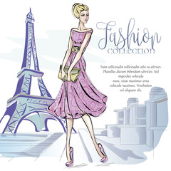 Fashion woman near Eiffel tower in Paris, fashion banner with text template, online shopping social media ads with beautiful girl. Vector illustration