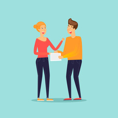 Fototapeta premium Business characters. Co working people, meeting, teamwork, collaboration and discussion, conference table, brainstorm. Workplace. Office life. Flat design vector illustration.