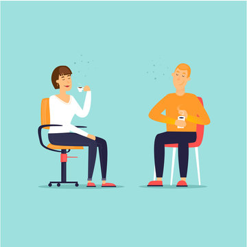 Businessman drinks coffee. Dinner. Business characters. Workplace. Office life. Flat design vector illustration.