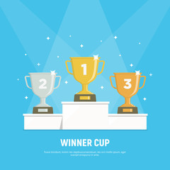 Podium winners. Gold, silver and bronze cups on podium. Vector illustration in flat style. - obrazy, fototapety, plakaty