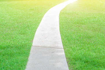 concrete walkway or pathway on green grass lawn in resort park with warm sunlight