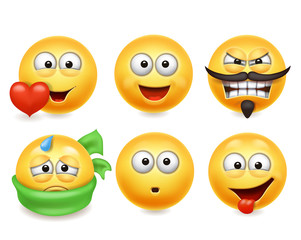 Smiley face icons. Funny faces 3d set, Cute yellow facial expressions collection 3.
