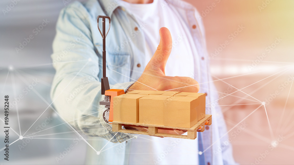 Poster pallet truck and carboxes with network connection system - 3d render