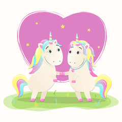 Obraz na płótnie Canvas Cute magical unicorns in love on the rainbow. Vector illustration.