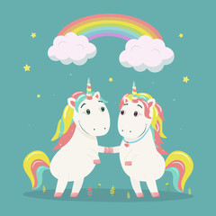 Cute magical unicorns in love under the rainbow. Vector illustration.