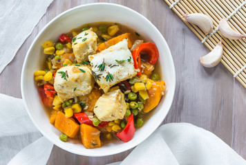 Fish stew with vegetables - top view