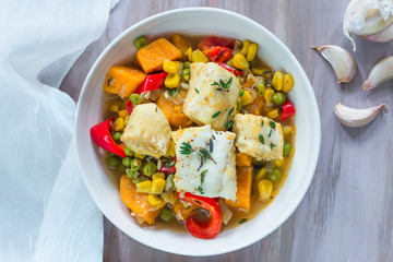 Fish stew with vegetables - top view