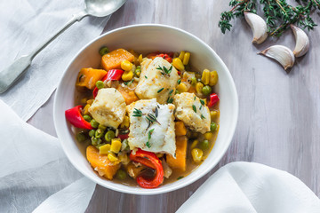 Fish stew with vegetables - top view