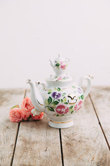 Souvenirs made of porcelain shot in the Studio with marshmallows and flowers. DIY and gift sets