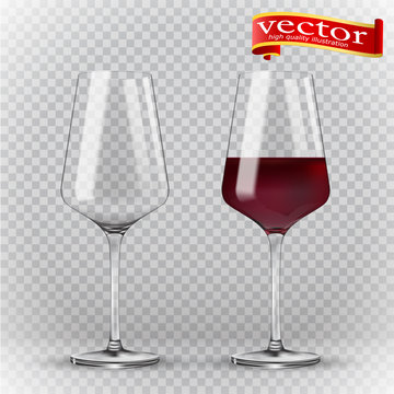 Transparency wine glass. Empty and full. 3d realism, vector icon