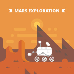 Mars exploration. Vector illustration of Mars planet landscape and space exploration machine. Flat style.