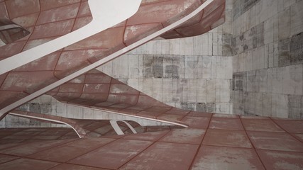 Empty smooth abstract room interior of sheets rusted metal with gray concrete. Architectural background. 3D illustration and rendering