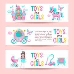 Set of banners with space for text. Pink fairy lock, carriage, toys for girls. Vector illustration.