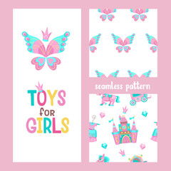 Set of vector seamless patterns. Greeting card with a beautiful butterfly. Toys for girls. Pink fairy castle, pink pony, Princess dress, diamonds.