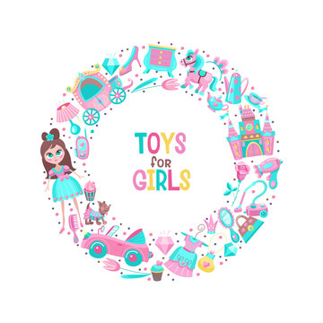 Toys and accessories for girls. A large set of clipart arranged in a circle. Pink toys, carriage, fairy-tale castle for a little Princess.