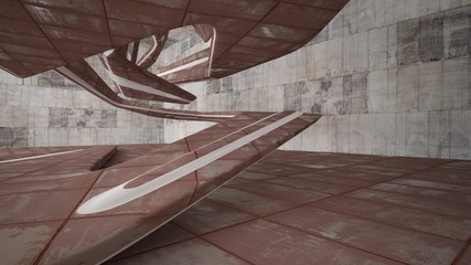 Empty smooth abstract room interior of sheets rusted metal with gray concrete. Architectural background. 3D illustration and rendering