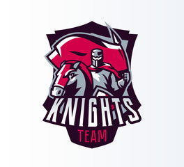 Emblem, logo, sticker, knight with flag on horseback. Crusader, swordsman, warrior, armor, banner, stallion. Shield, lettering, print. Vector illustration