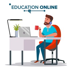 Education Online Vector. Home Online Education Service. Young Man In Headphones Working With Computer. Modern Learning Technology. Isolated Flat Cartoon illustration